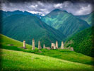 Battle Tower Complex "Erzi", Mountains, Green Field, Ingushetia, North Caucasus, Russia